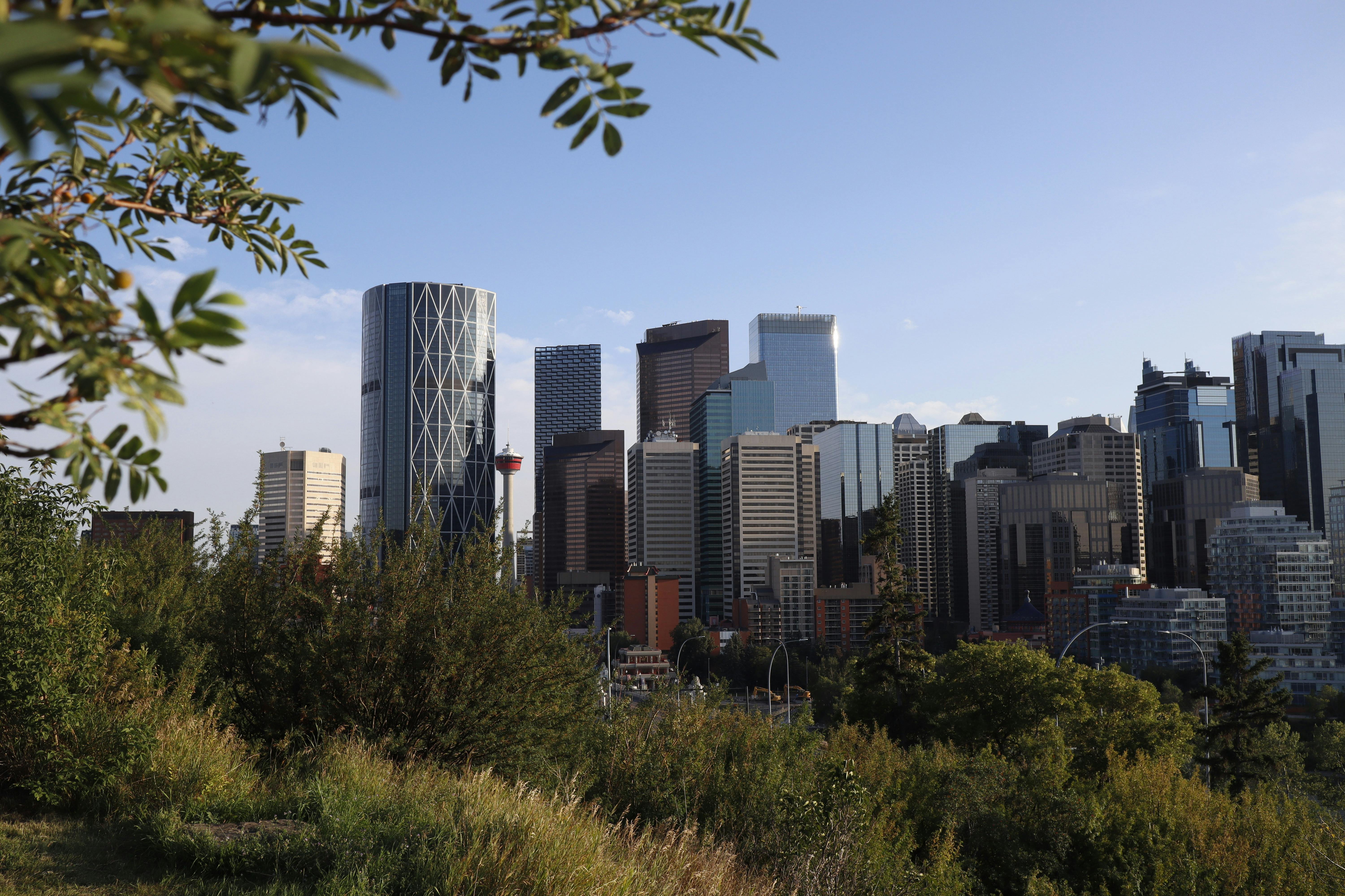 Calgary skyline with mosque and Rocky Mountain foothills